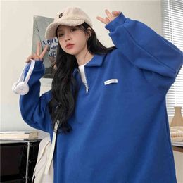 Women Blue Zip Sweatshirt Fashion Female Casual Loose Polo Collar Solid Oversized Pullovers Jumper Knitted Winter Hoodies