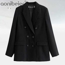 Spring Autumn Office Lady Suit Blazer Solid Colour Notched Long Sleeve Double Breasted Top Women Black Mujer 210604