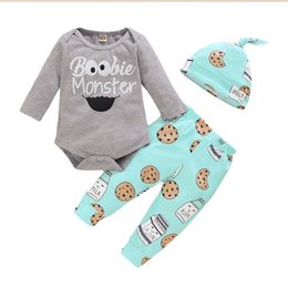 Cotton Printed Newborn Baby Boys Girls Clothes Sets Winter Long Sleeve Bodysuits And Pants Hat Casual Infant Girls Outfits D30 210309