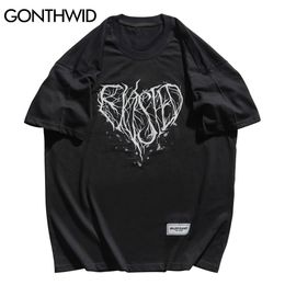 GONTHWID Harajuku Tshirts Graffiti Heart Print Short Sleeve Tees Shirts Hip Hop Casual Streetwear Tees Summer Cotton Loose Tops C0315