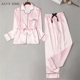 JULY'S SONG Faux Silk Women Pyjamas Set 2 Pieces Satin Stripes Polka Dot Printed Sleepwear Long Sleeves Autumn Homewear 211112