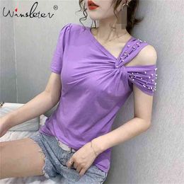 Summer Korean Clothes T-shirt Sexy Off Shoulder Beading Cotton Women Tops Ropa Mujer Short Sleeve Bottoming Shirt Tees T06819 210623