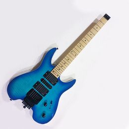 Factory Outlet-Blue Headless Electric Guitar with Flame Maple Veneer,Maple Fretboard