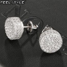 Hip HOP 1Pair Micro Full Paved Round Zircon CZ Stone Bling Iced Out Stud Earring Copper Earrings For Men Jewellery 220211