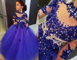 Luxury Royal Blue Plus Size Little Girls Pageant Dresses Long Sleeves Crystal Beaded High Neck Kids Prom Dress Tiered Tulle Birthday Party Gowns Custom Made