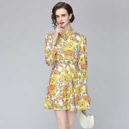 summer Fashion temperament women stand Collar Flower Printed long sleeve High Waist A Line Dresses 210531