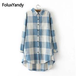 Women Cotton and Linen Blouses Long Sleeve Plus Size 3XL Casual Plaid Long Blouse Shirt 210302