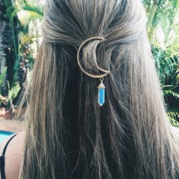 Multicolor Natural Stone Hair Clip Hollow Moon Charm Hair Accessories for Women - Blue
