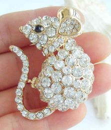 Golden Tone Lovely Mouse Rat Animal Brooch Pin Clear Austrian Crystal Pendant EE03276C14