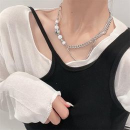 Chains The 2021Light Luxury Niche Design Feeling Pearl Stitching Chain Necklace Female Green Stone Caring Smile Hip-hop Clavicle