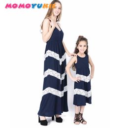 mother daughter dresses stripd lace patchwork family matching clothes sleeveless cotton outfits look mommy and me clothing 210713