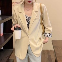 Aelegantmis Casual Office Lady Notched Collar Blazer Women Leopard Print Three Quarter Suits Coat Chic Loose Design 210607