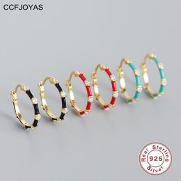 Hoop & Huggie CCFJOYAS Geometric Bamboo Inlaid Zircon 925 Sterling Silver Earrings For Women Simple INS Multicolor Enamel Circle