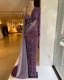 Purple Sequined Mermaid Evening Dresses Beads Halter One Shoulder Long Sleeves Prom Dress With Wrap Formal Party Gowns Custom Made Robe de mariée