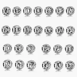 Womens 925 Sterling Silver Charms Fit Pandora Bracelet Style Top Quality Vintage A-M Alphabet Charm with Clear CZ Lady DIY Beads With Original Box