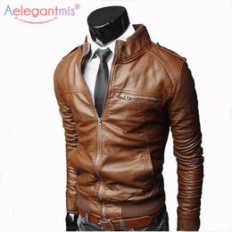 Aelegantmis Men Faux Leather Jacket Men's Stand Collar Coat Spring Autumn Casual Slim PU Male Moto Biker Coats Outerwear 210607