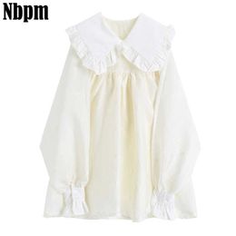 Casual Peter Pan Collar Puff Long Sleeve Mini Sweet Dress Woman High Waist Loose Jacquard Dress Summer Women Dresses Chic 210529