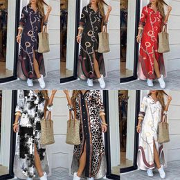 2020 Women Fashion Chain Print Long Sleeve Casual Maxi Long Blouse Party Dress Turn-down Collar Button Loose Long Shirt Dress X0705