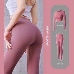 Plus Size Vital Seamless Yoga Set Gym Clothing Fitness Leggings+Cropped Shirts Sport Suit Women Long Sleeve Active Tracksuit 210813