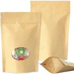 100pcs/lot Kraft Paper Bags Reusable Sealing Food Pouches Stand-up Fruit Tea Gift Package with Transparent Window Packing