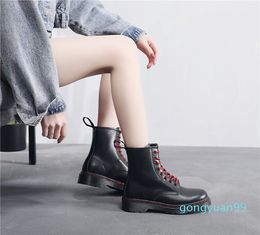 Women Designer Boots ankle Martin motorcycle autumn fall spring black Genuine Leather Beef tendon round toesl flat heel medium solid mens