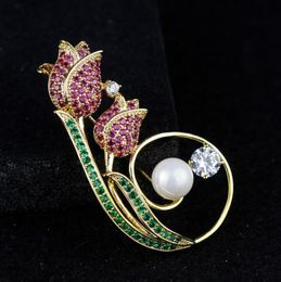 Pins, Brooches CSxjd High Quality Imitation Pearls Micro Fuchsia Crystal Tulip Flower Zircon Sparkling Brooch Pins For Women