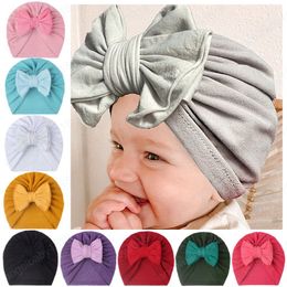 18*19 CM Soft Comfortable Baby Turban Hat Double Layer Solid Colour Bows Infant Caps Children Headwear Birthday Gifts Photo Props