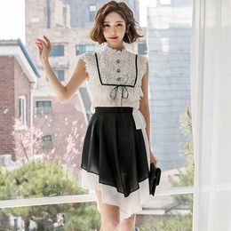 Summer office OL Work Wear casual 2 Pieces Set Fashion Sleeveless Lace patchwork Crop Top and Lace-up Irregular Skirt 210529