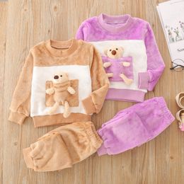 Children Lovely T-shirt Trousers Suit Cute Boys Girls 3D Cartoon Bear Patch Long Sleeve Tops and Solid Colour Long Pants