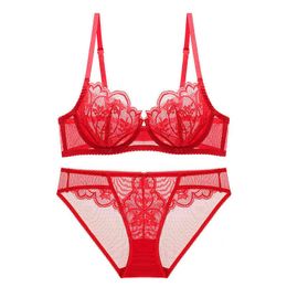 NXY sexy set2021 Lace Ultra Thin Bra Sets Sexy Mesh Transparent Panty Set Underwear Women Plus Size Lingerie A B C D E Cup 95C 95D 1127