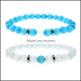 Beaded, Bracelets 8Mm Blue White Opal Beads Chains Bracelet For Women Men Couple Healing Crystal Natural Stone Strands Beaded Bangle Fashion