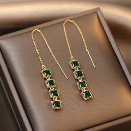 New Trendy Gold Colour Chain Emerald Gemstone Ear studs Charm Lady Long square pendant Earrings Jewellery Unusual Gifts For Women girls