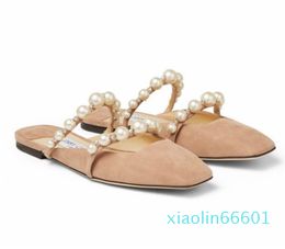 Fashion-Flats Bridal Dress Sandals Women Slippers Square Toe Pearls Straps Lady Pumps Party Wedding