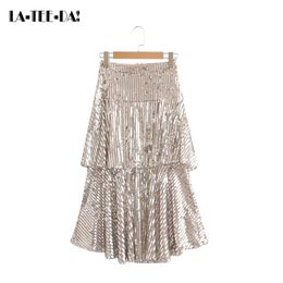 -Skirts Ltd1198267 2021 Sequints Paillette Midi Women Женщины -молния на талии Lady Shiny Flash Patchwork Cascade vestidos