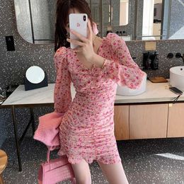 Arrival Summer Fashion Elegant Women's Female French Chiffon Peach Blossom Sweet Floral Print Mini Dress Vestidos 210529