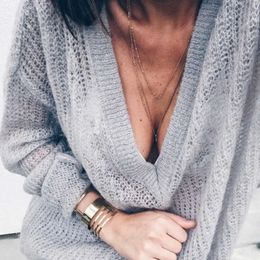 Women Hollow Out V-Neck Thin Sweaters Spring Summer Ladies Sexy Casual Long Sleeve Knitwear Solid Color Pullover Plus Size S-5XL X0721