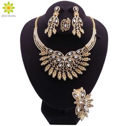 Dubai Gold-color Jewelry Set Romantic High quality Fashion Wedding Nigeria Africa Beads Necklace Earrings Bracelet Ring Set H1022