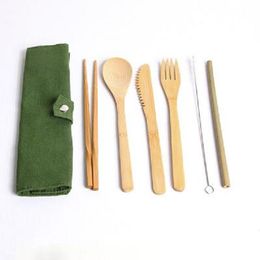 Wooden Dinnerware Set Bamboo Teaspoon Fork Soup Knife Catering Cutlery Set with Cloth Bag Kitchen Cooking Tools Utensil