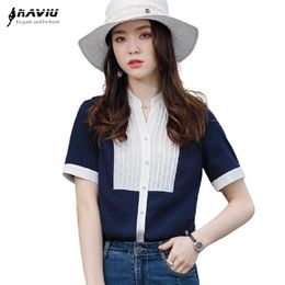 Navy Blue Shirt Women Temperament Fashion Summer Short Sleeve Chiffon Blouses Office Ladies Formal Work Tops 210604