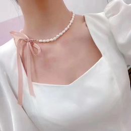 BaroqueOnly 100% natural freshwater Baroque pearl necklace 9-10mm adjustable length silk ribbon choker free ship NBD Q0531