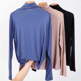 100% cotton long sleeve Solid Turtleneck t-shirt women high stretch slim tops spring autumn skinny Basic Bottoming tshirt tight 211110