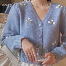 Floral Embroidered Knitted Cardigan Women Fashion Sweater Oversize Vintage V Neck Long Sleeve Top Female Outerwear Chic 211018