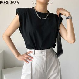 Korejpaa Women T-Shirt Summer Korean Chic All-Match Round Neck Loose Casual Solid Color Shoulder Pad Fying Sleeve Pullovers 210526