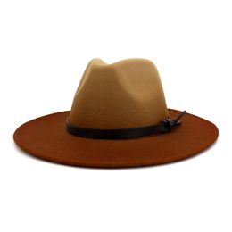 Newly Gradients Wool Felt Wide Brim Fedora Hats Women Men with Leather Belt Fashion Spray-painted Jazz Panama Formal Hat