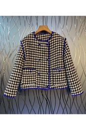 Colour Matching Woollen Woven Houndstooth Coat Womens Clothing Autumn European and American New Temperament Wild 9o