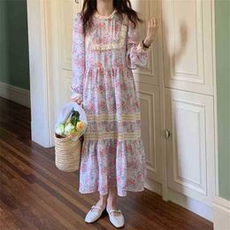 Girls O-Neck Brief Prairie Chic All Match Printing Lace Spring Long Sleeves Elegance Dresses Vestidos 210525