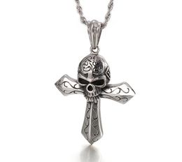 Vintage Cross Skull Pattern Ghost Head Necklace Men's Stainless Steel Pendant Jewellery rope chain 4mm 22 inch