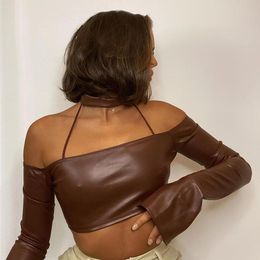 Women's T-Shirt Brown Faux Leather Crop Top Shirts For Women Sexy Choker Split Long Sleeve Off Shoulder Tops Y2k Shirt Goth 2021 Autumn E Gi