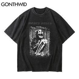 Streetwear Distressed T-Shirts Hip Hop Skeleton Skull Short Sleeve Tshirts Punk Rock Gothic Tees Shirts Harajuku Tops 210602