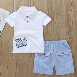 Summer Children Sets Casual Boys Short Sleeve Turn-down Collar Print T-shirt Pocket Pants Clothes 2T-6T 210629